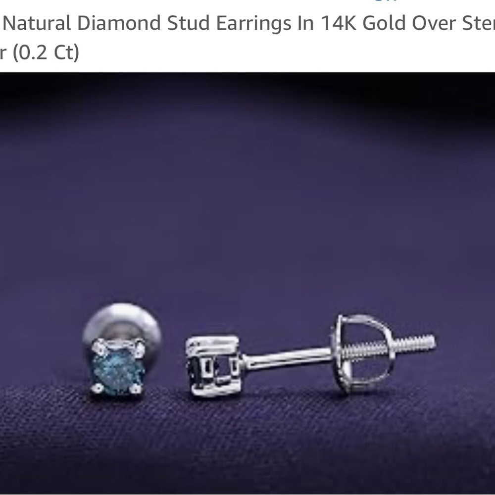 Natural blue diamond stud earrings in 14k gold over sterling silver